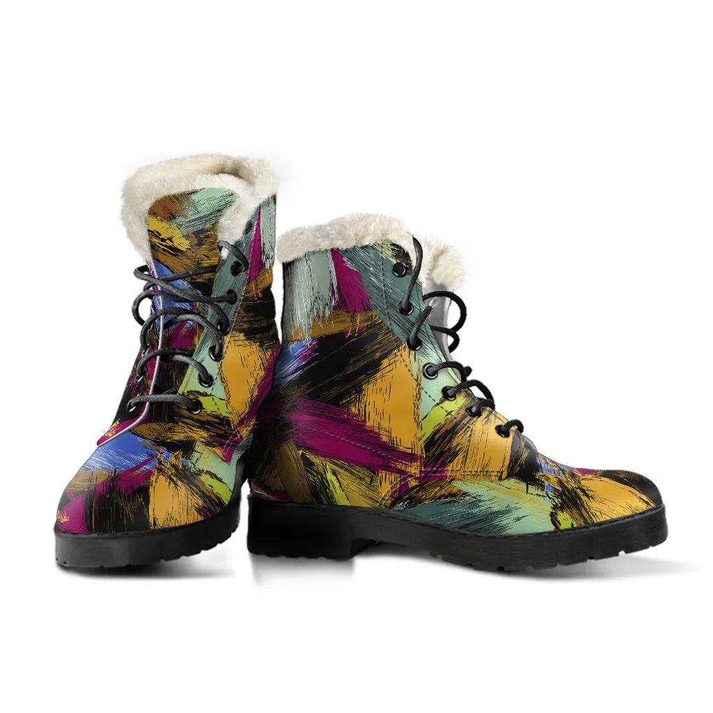 Abstract Paint Faux Fur Leather Boots