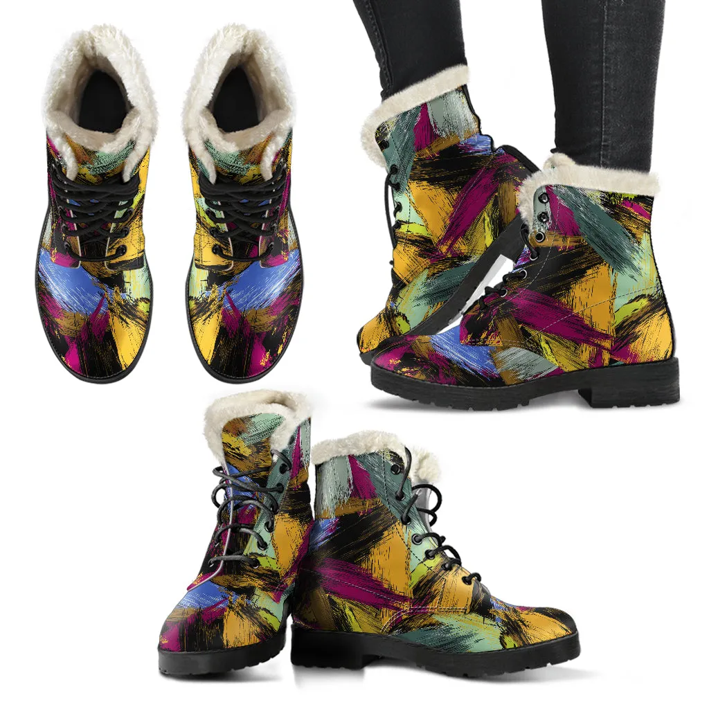Abstract Paint Faux Fur Leather Boots