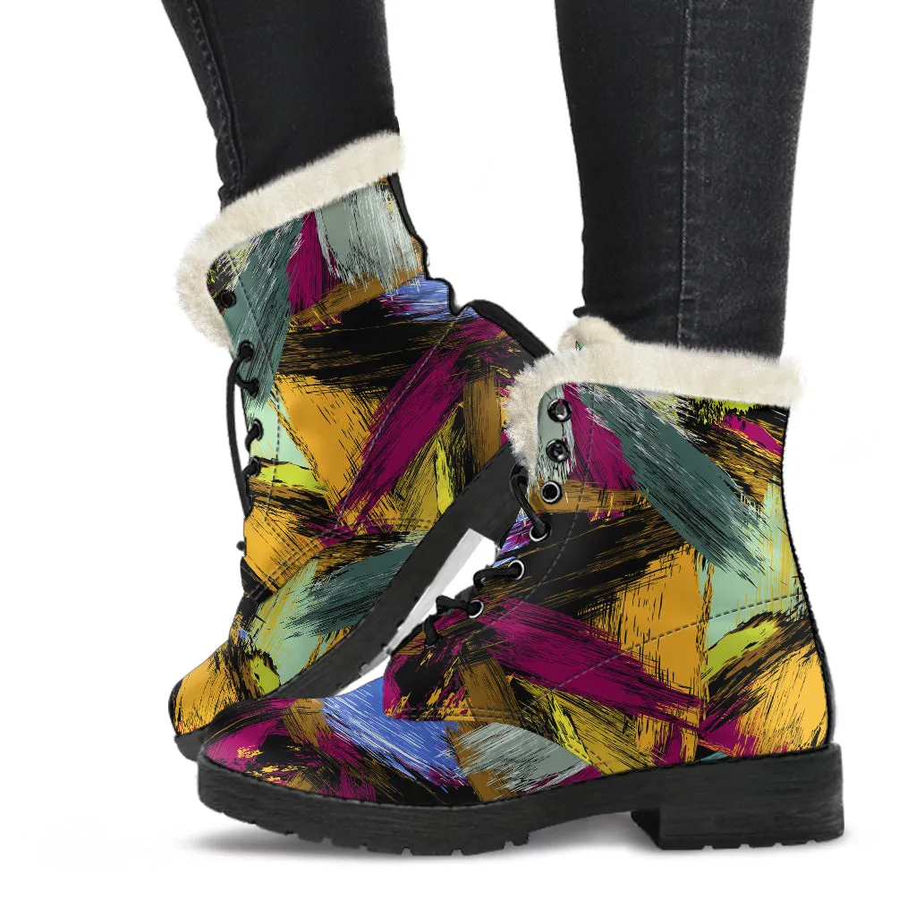 Abstract Paint Faux Fur Leather Boots