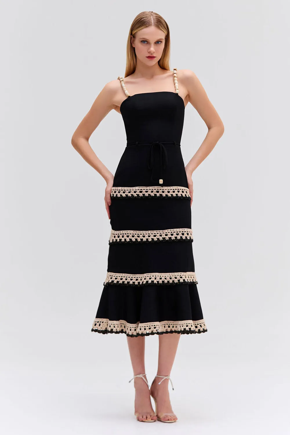 CROCHET TRIM FITTED MIDI DRESS
