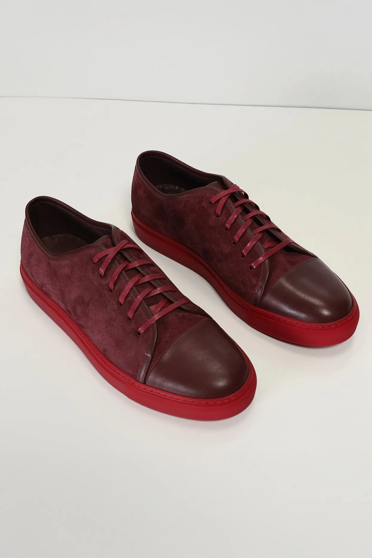 Leather and Suede Court Sneakers - Burgundy Red