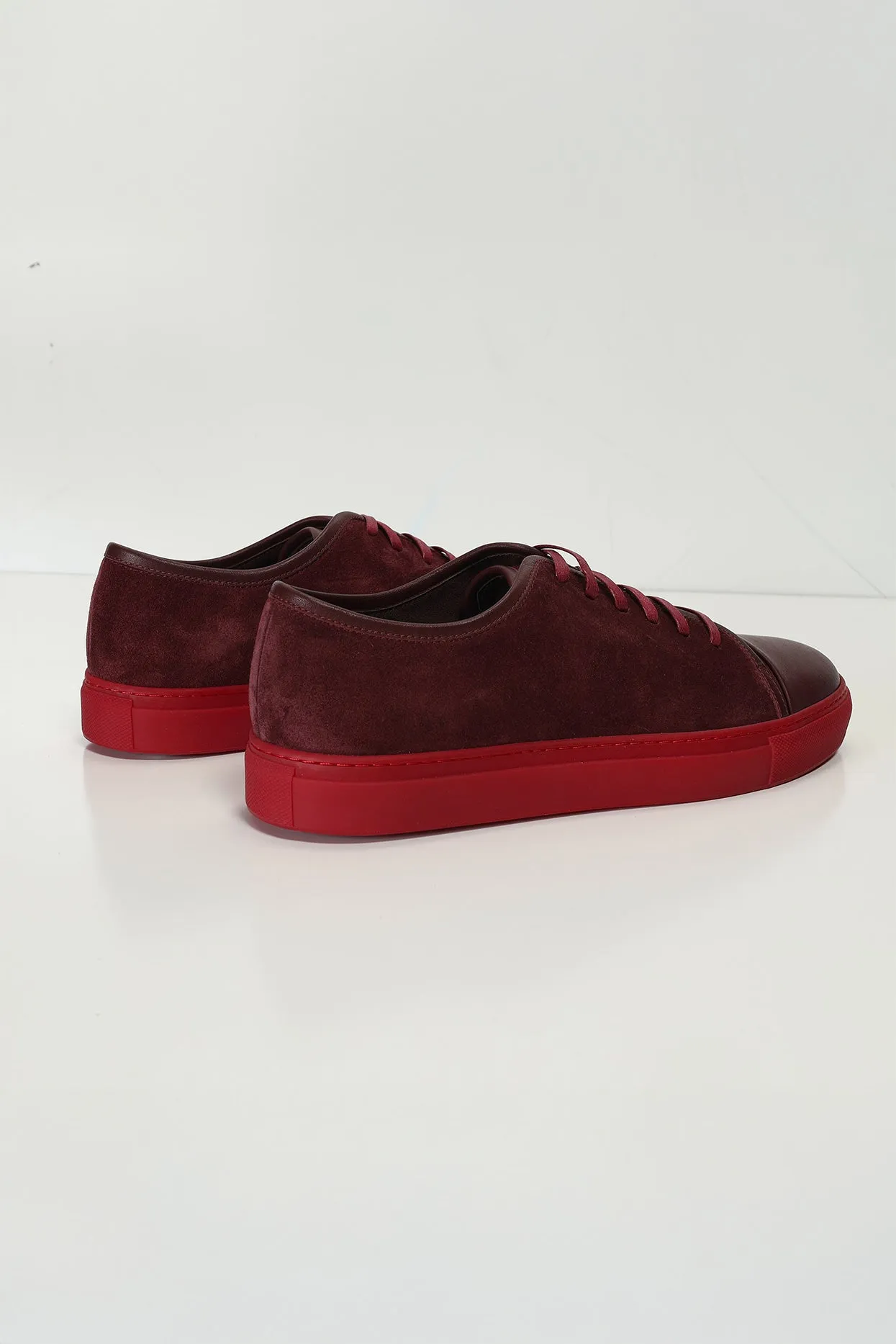 Leather and Suede Court Sneakers - Burgundy Red