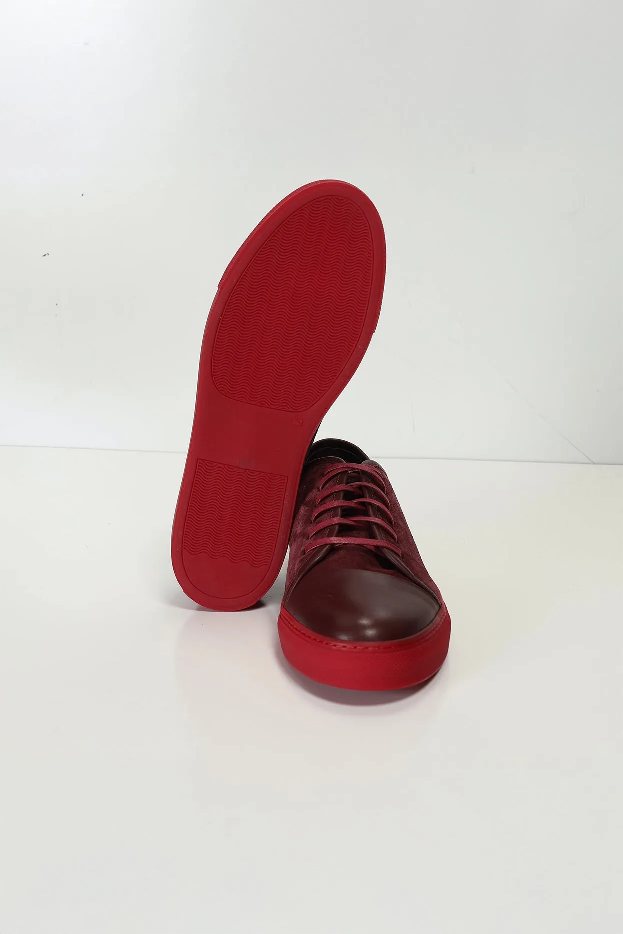 Leather and Suede Court Sneakers - Burgundy Red