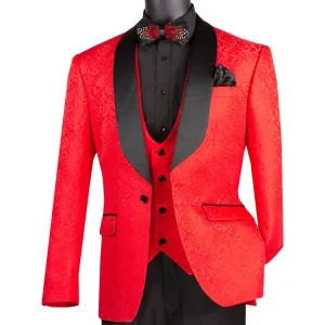 Men’s Red Paisley Jacquard Tuxedo – Slim Fit 3-Piece Set with Black Satin Lapels