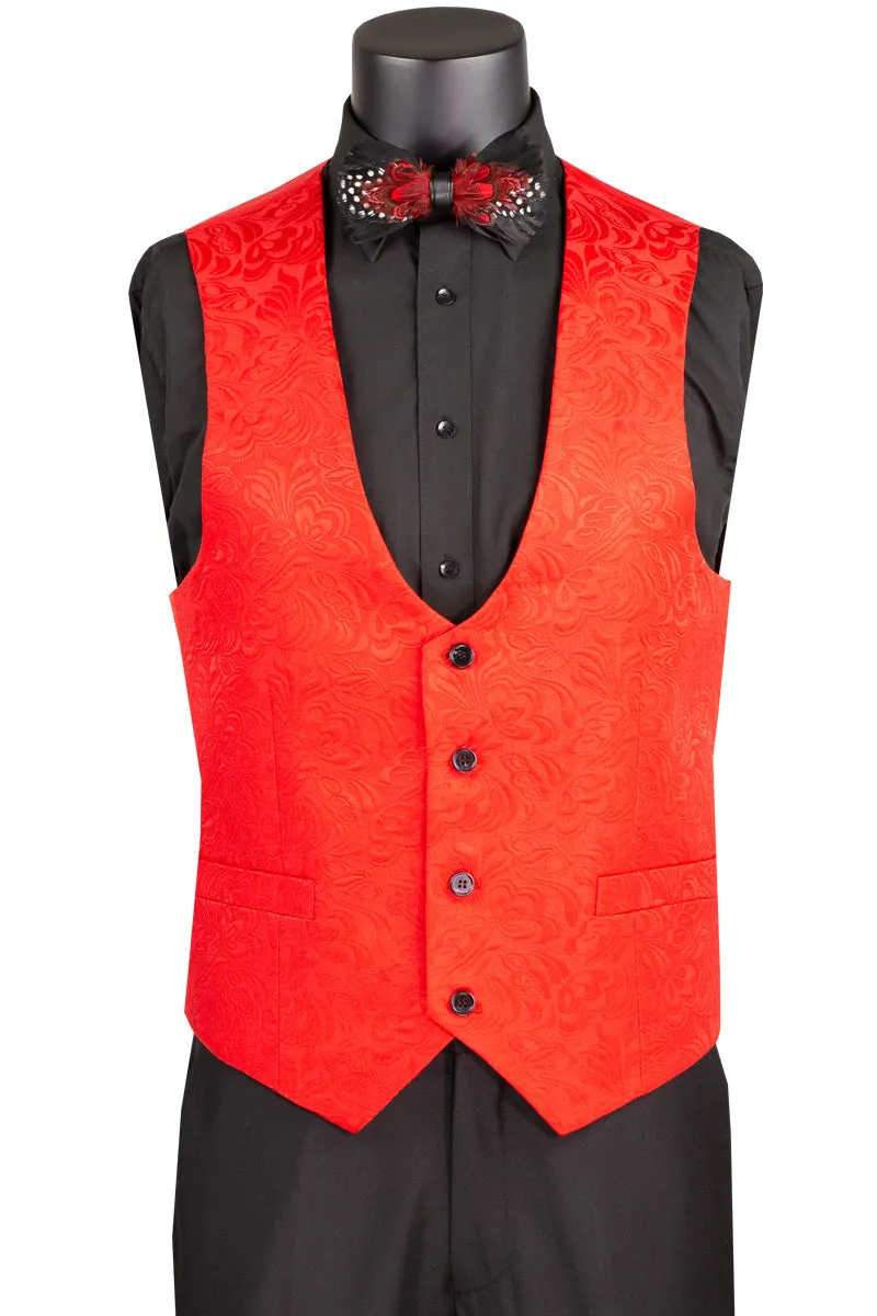 Men’s Red Paisley Jacquard Tuxedo – Slim Fit 3-Piece Set with Black Satin Lapels