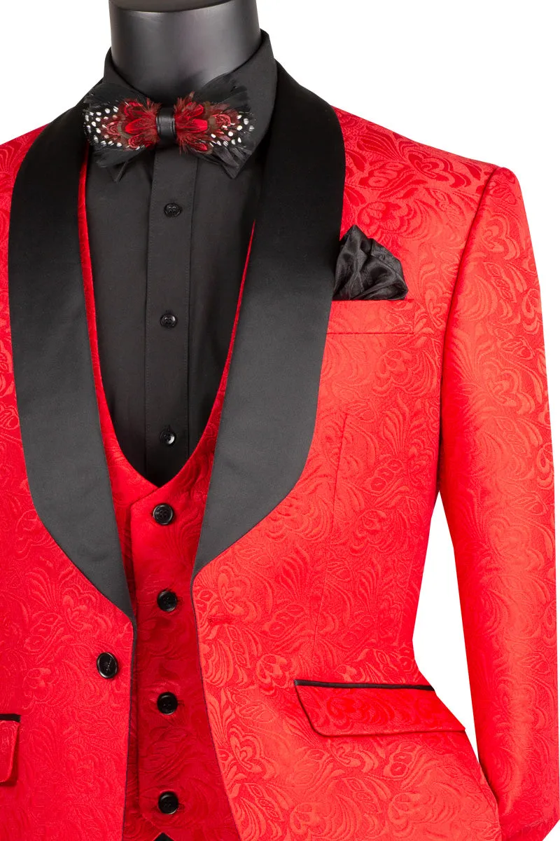 Men’s Red Paisley Jacquard Tuxedo – Slim Fit 3-Piece Set with Black Satin Lapels