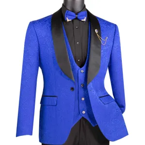 Men’s Royal Blue Paisley Jacquard Tuxedo – Slim Fit 3-Piece Set with Black Satin Lapels