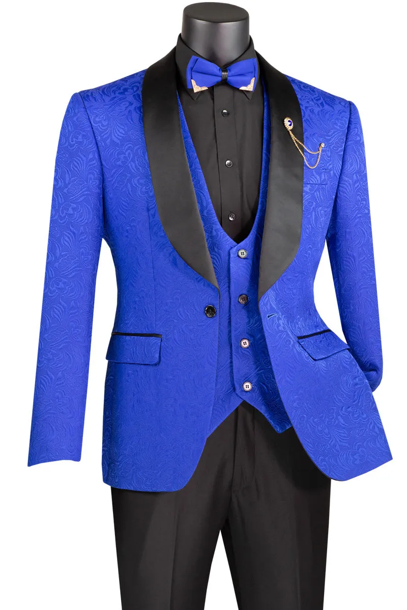 Men’s Royal Blue Paisley Jacquard Tuxedo – Slim Fit 3-Piece Set with Black Satin Lapels
