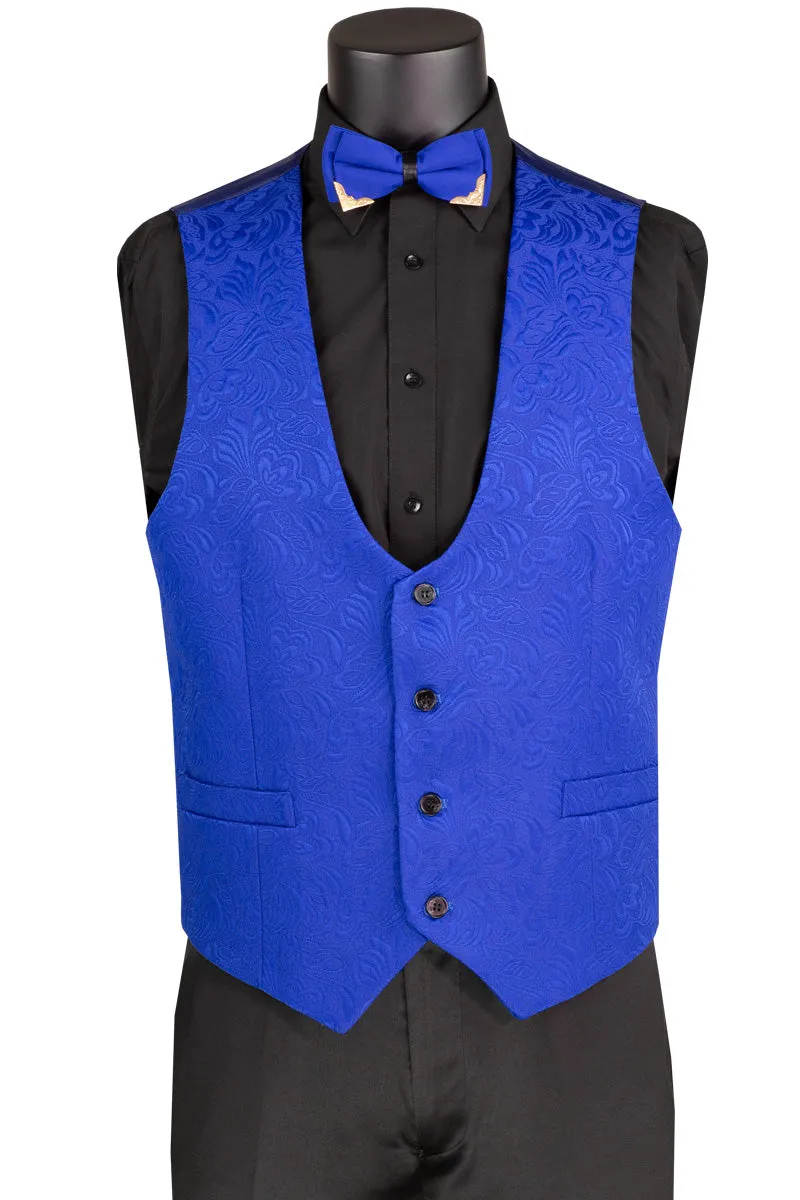 Men’s Royal Blue Paisley Jacquard Tuxedo – Slim Fit 3-Piece Set with Black Satin Lapels
