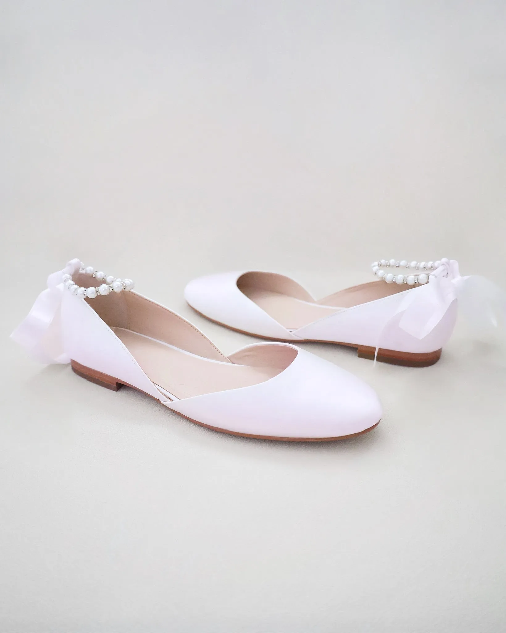 Satin Round Toe Evening Flat with Pearl Strap