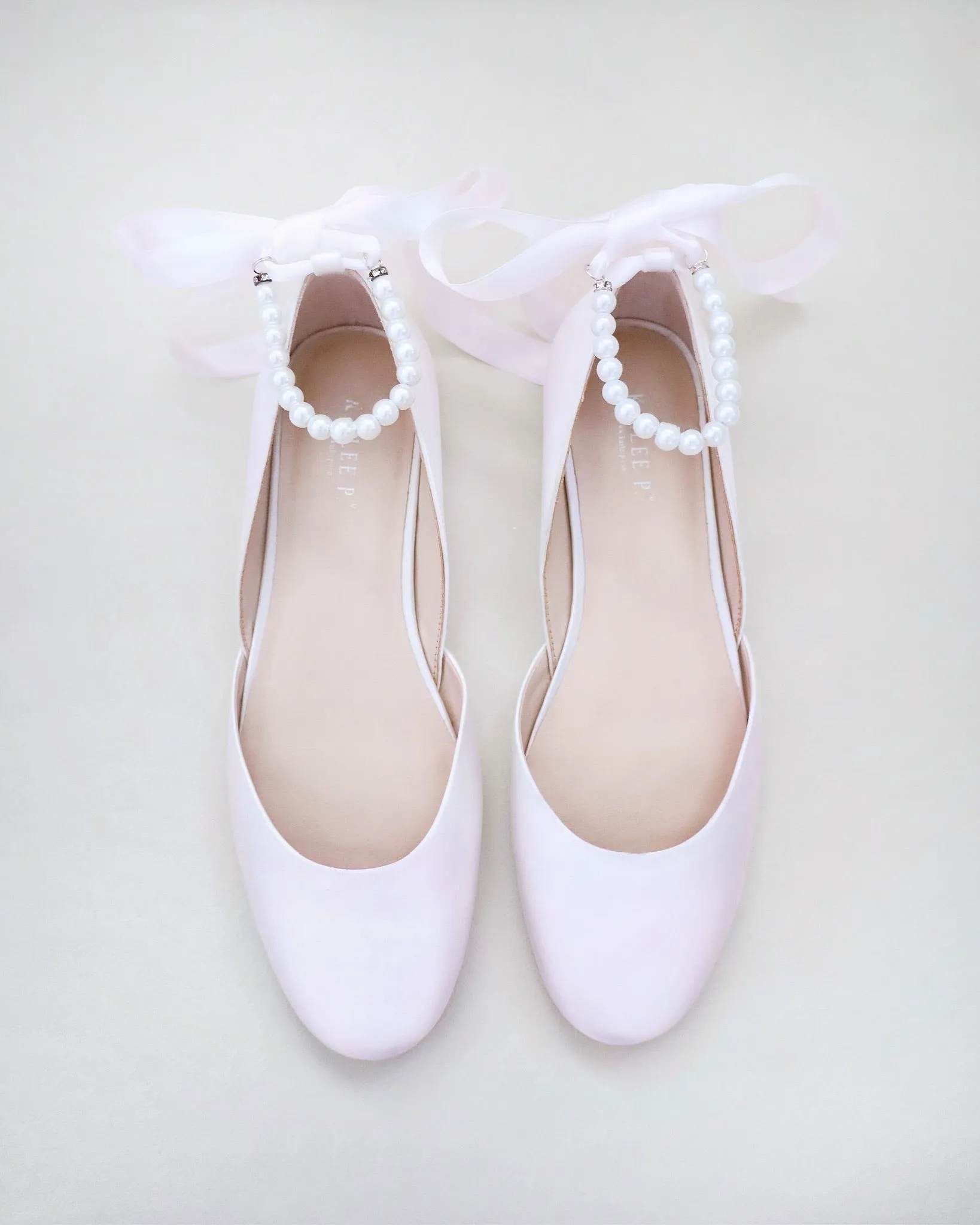 Satin Round Toe Evening Flat with Pearl Strap