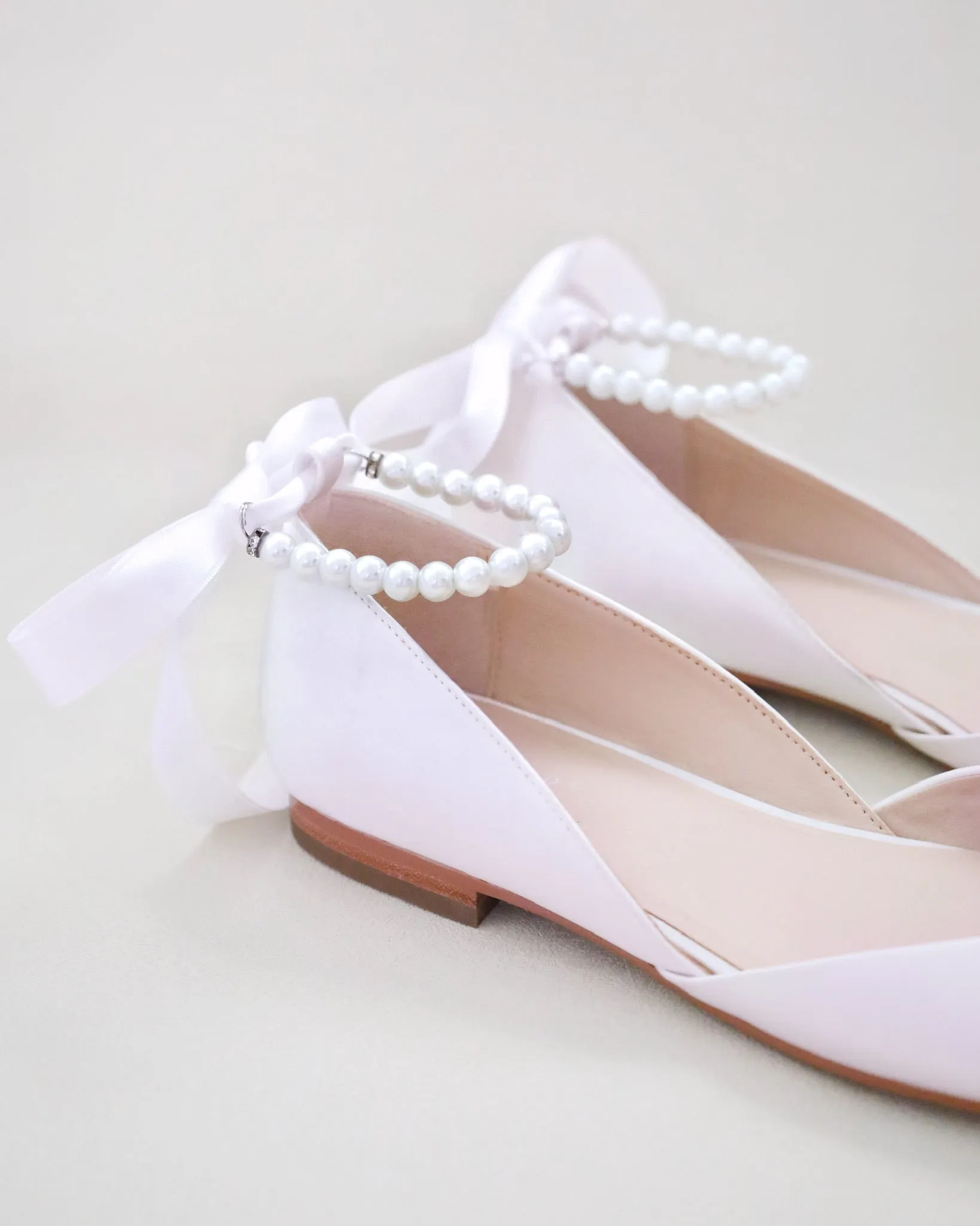 Satin Round Toe Evening Flat with Pearl Strap
