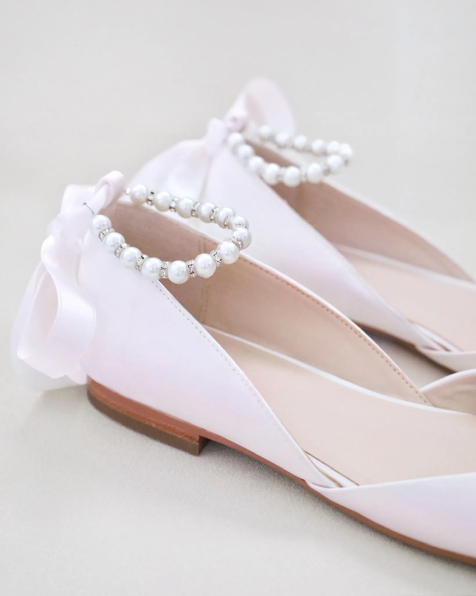 Satin Round Toe Evening Flat with Pearl Strap