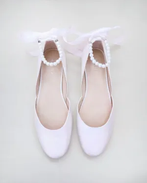 Satin Round Toe Evening Flat with Pearl Strap