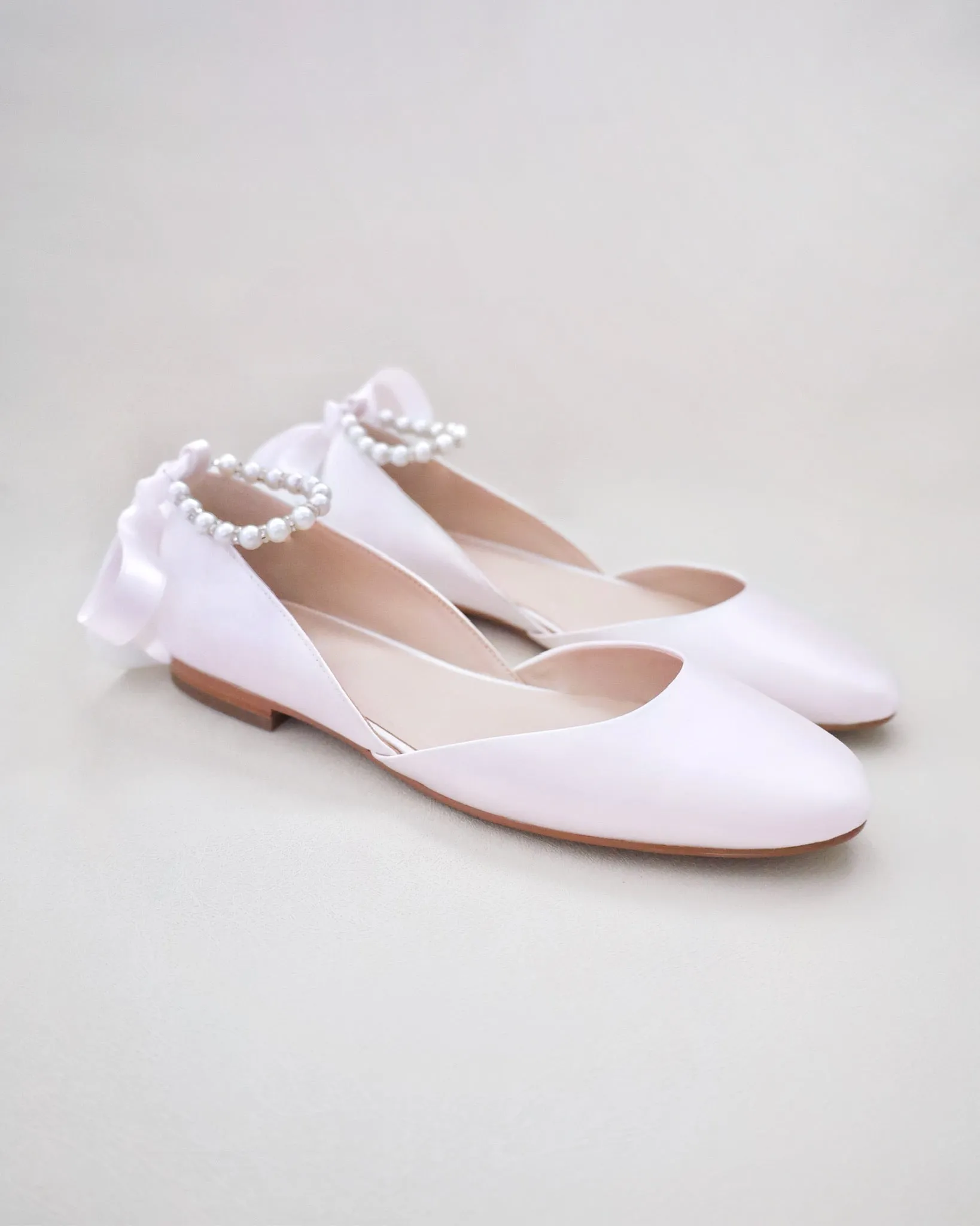 Satin Round Toe Evening Flat with Pearl Strap