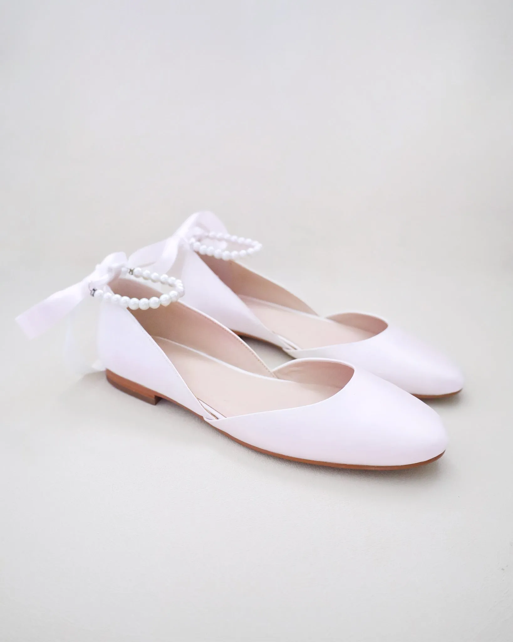 Satin Round Toe Evening Flat with Pearl Strap