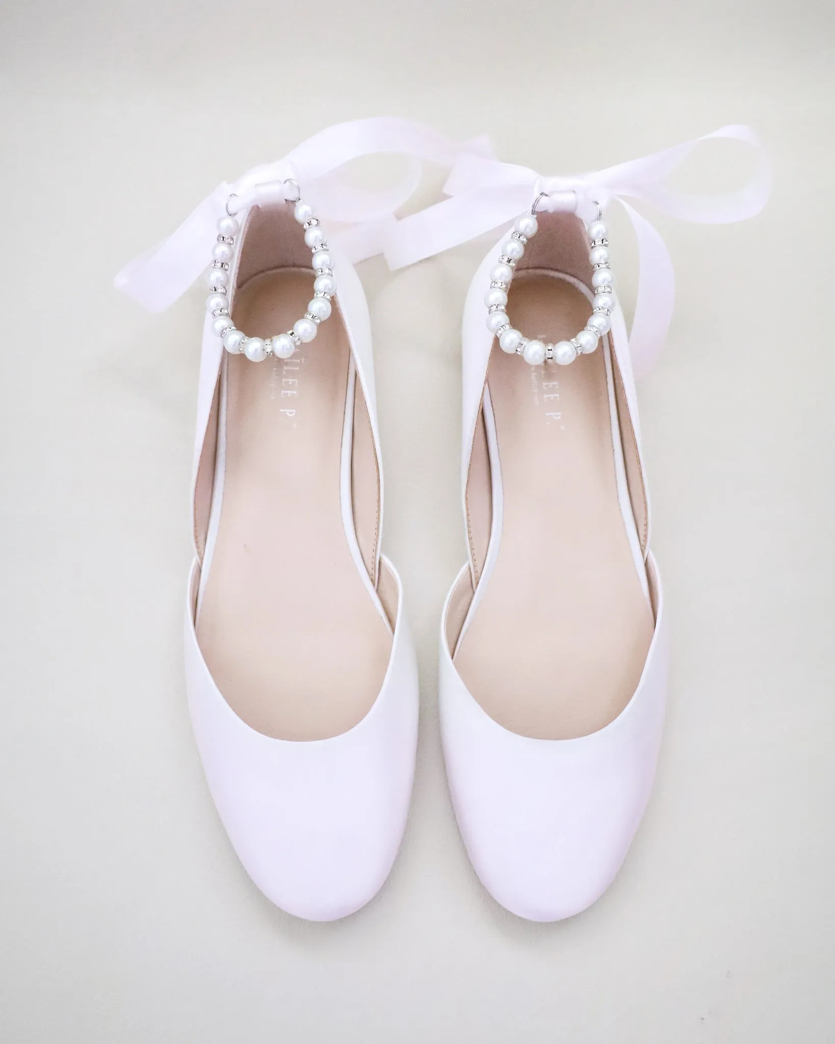 Satin Round Toe Evening Flat with Pearl Strap