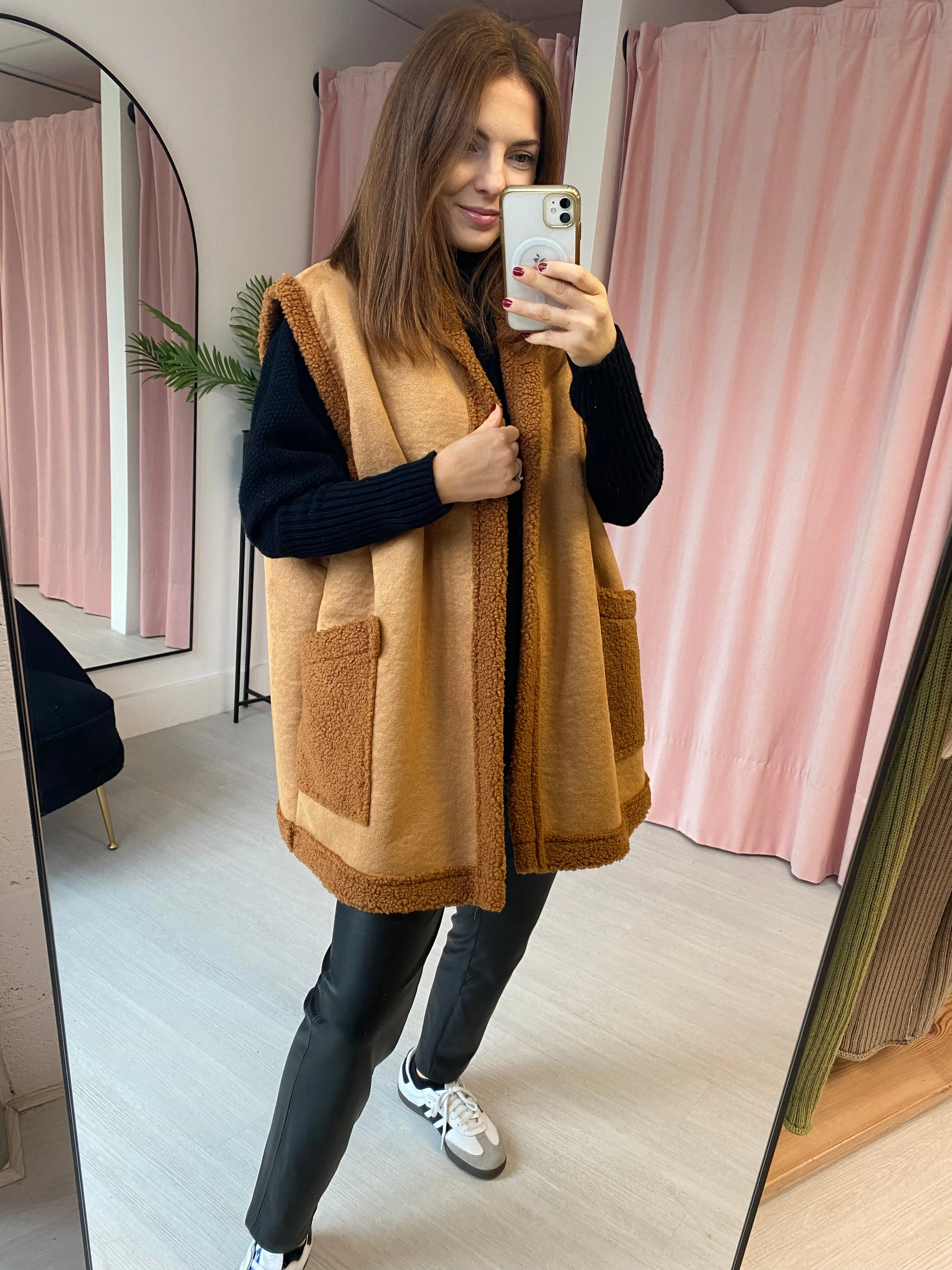Shearling Lined Faux Suede Gilet - Camel