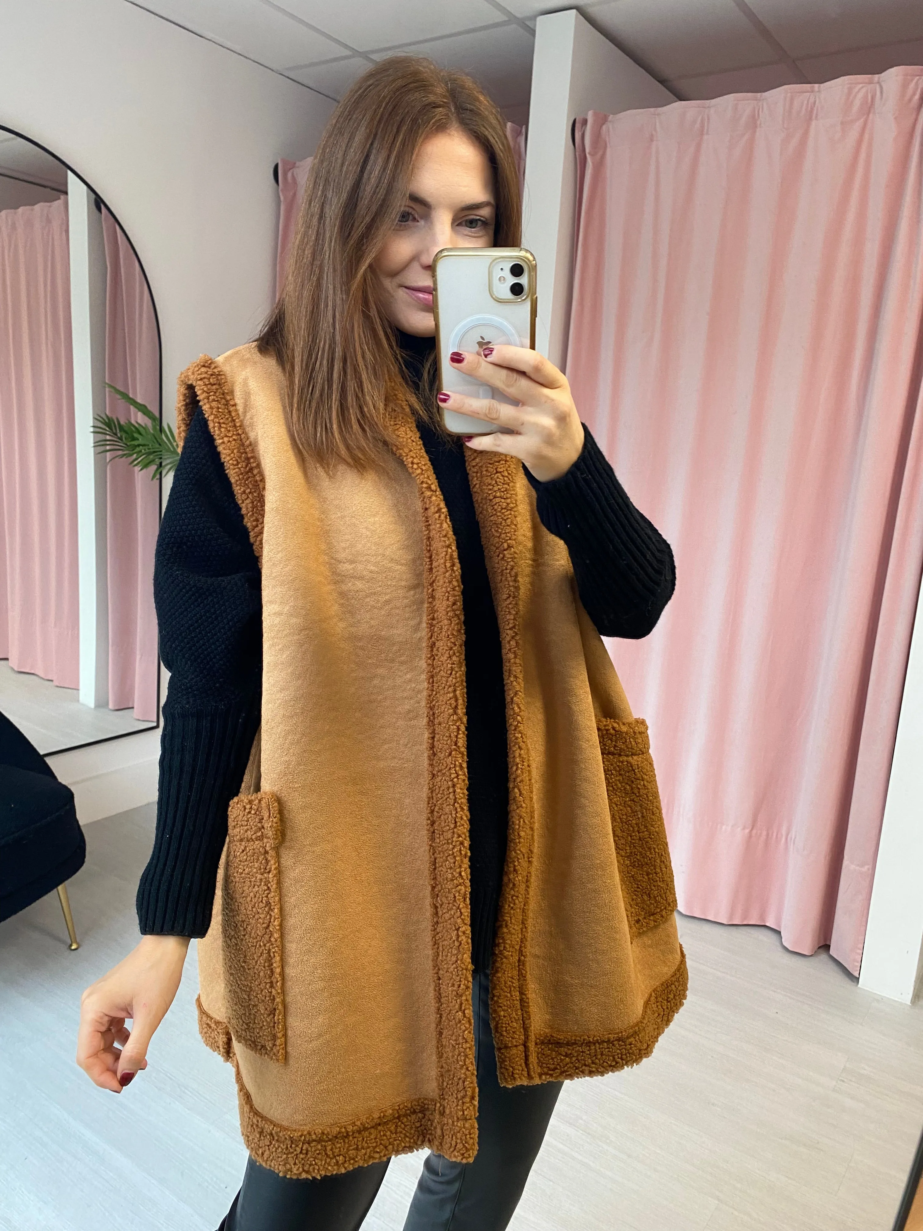 Shearling Lined Faux Suede Gilet - Camel