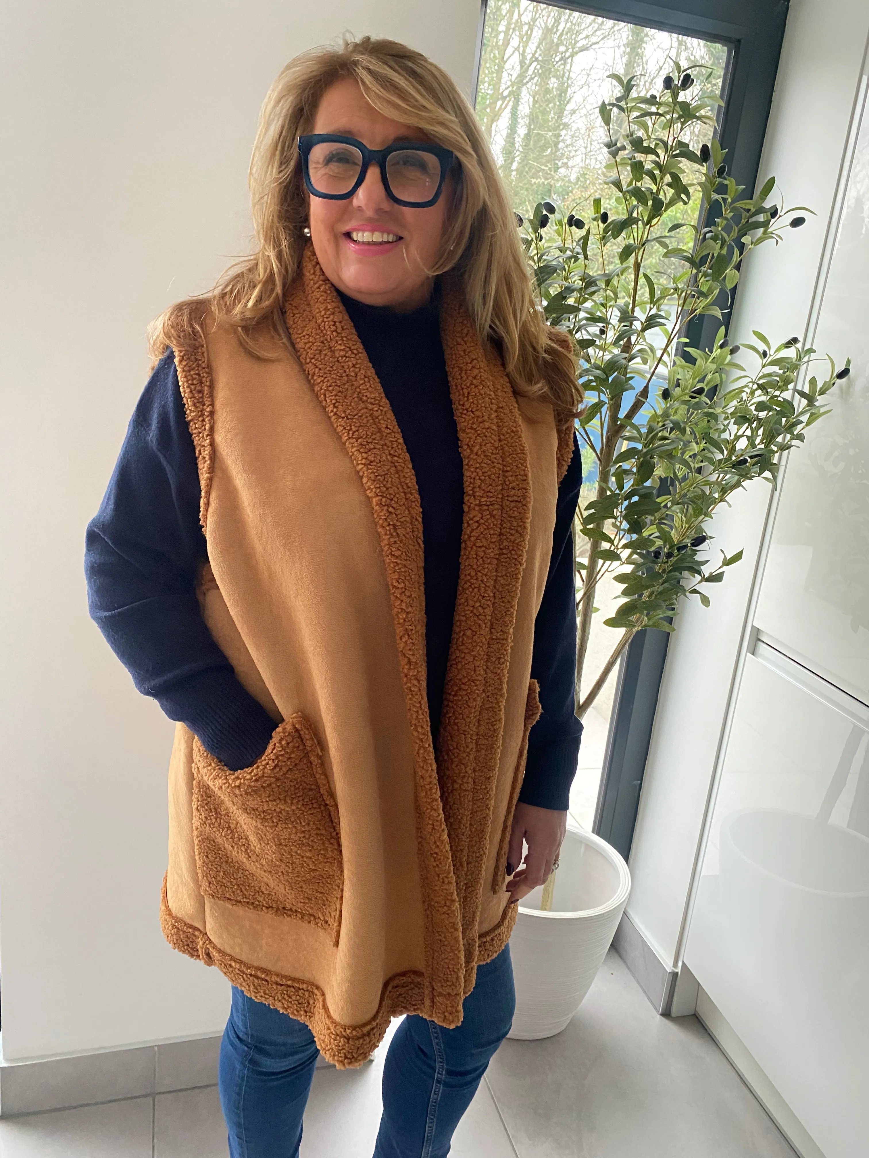 Shearling Lined Faux Suede Gilet - Camel
