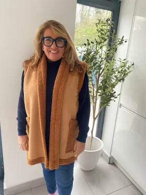 Shearling Lined Faux Suede Gilet - Camel