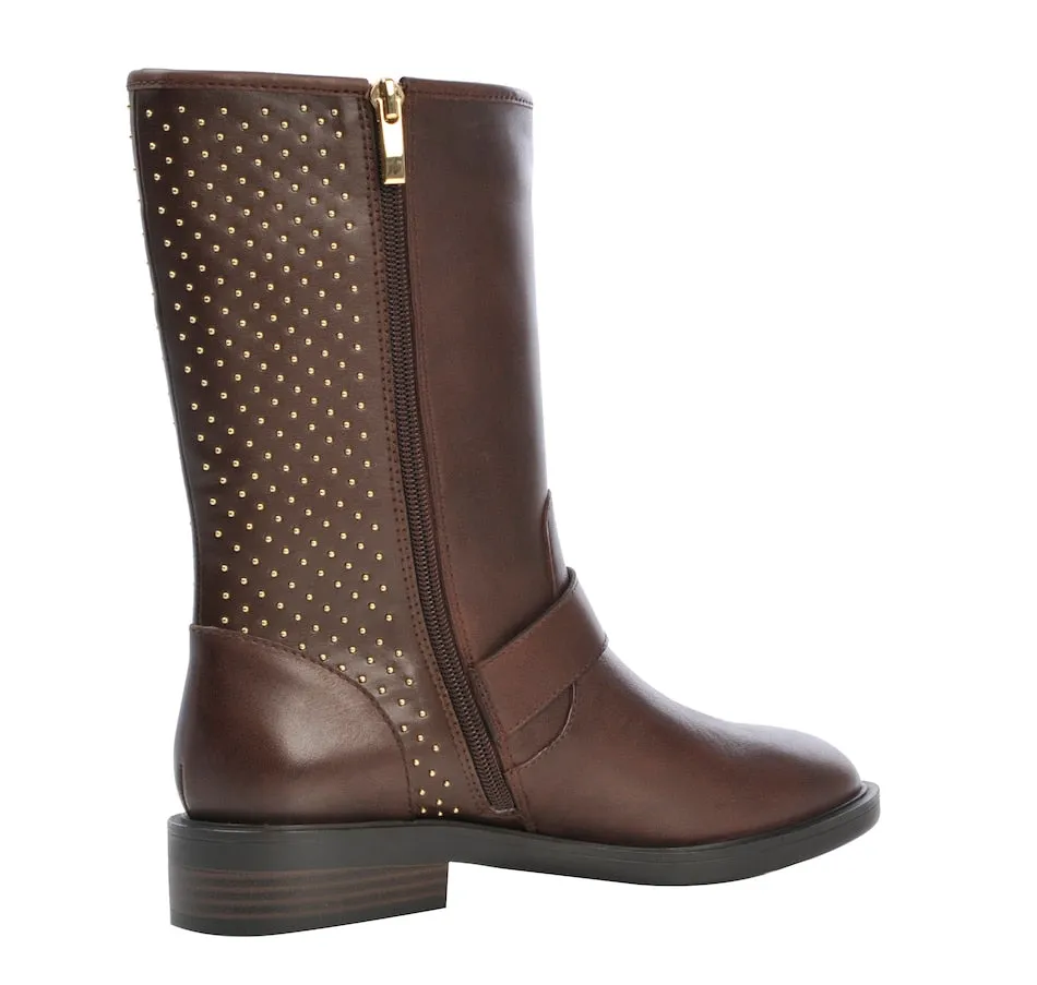 Steve Madden Zain Mid-Shaft Gold Studded Leather Boot Brown Leather
