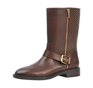Steve Madden Zain Mid-Shaft Gold Studded Leather Boot Brown Leather