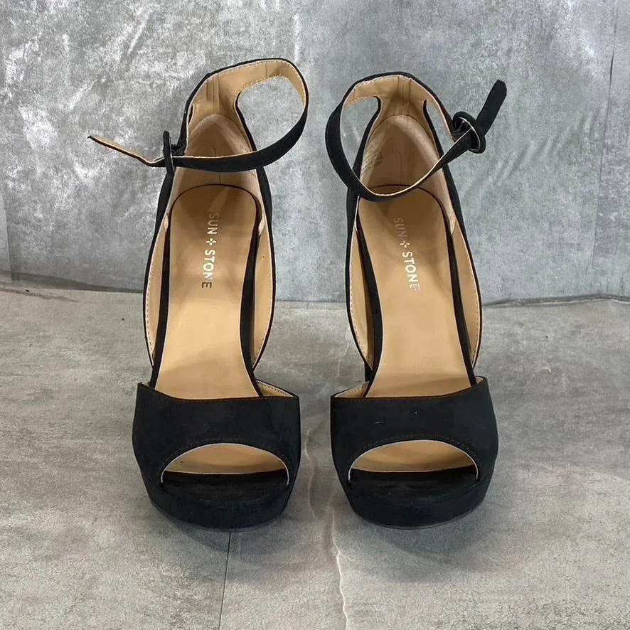 SUN STONE Women's Black Micro Reeta Block-Heel Ankle Strap Platform Heels SZ 9