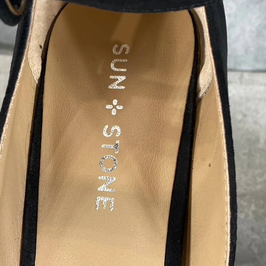 SUN STONE Women's Black Micro Reeta Block-Heel Ankle Strap Platform Heels SZ 9