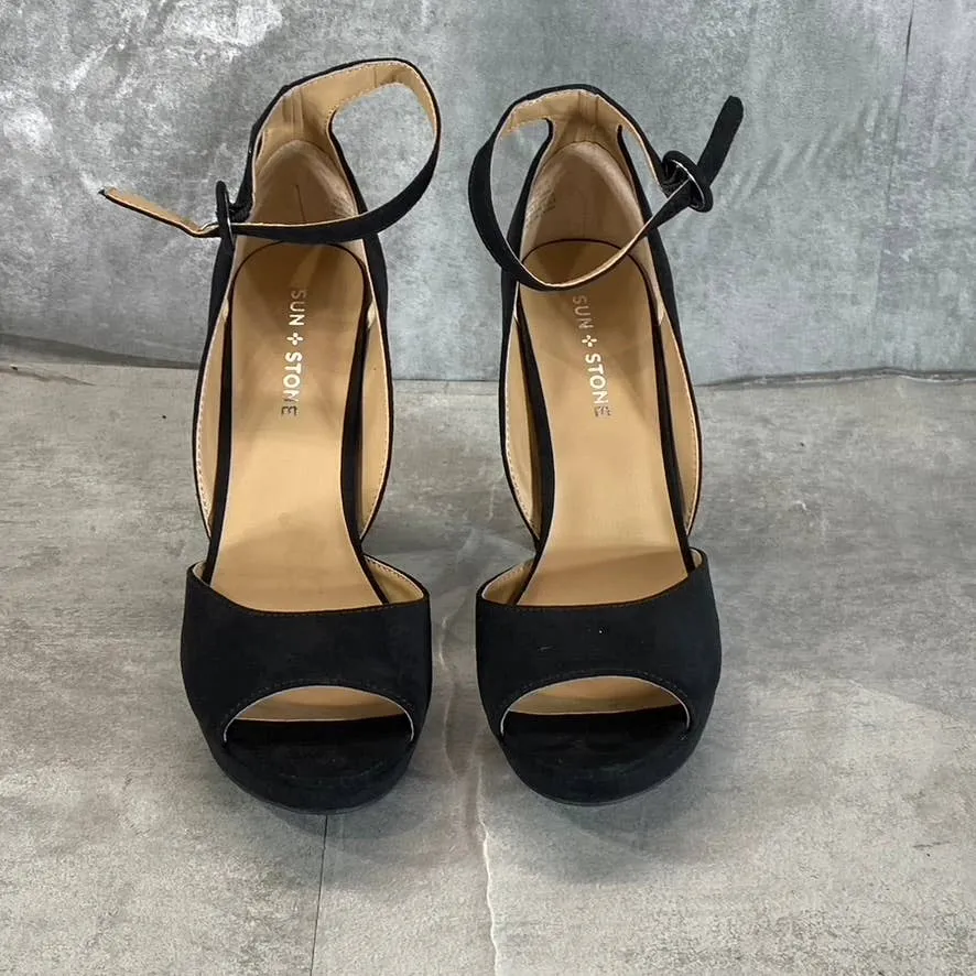 SUN STONE Women's Black Micro Reeta Block-Heel Ankle Strap Platform Heels SZ 9
