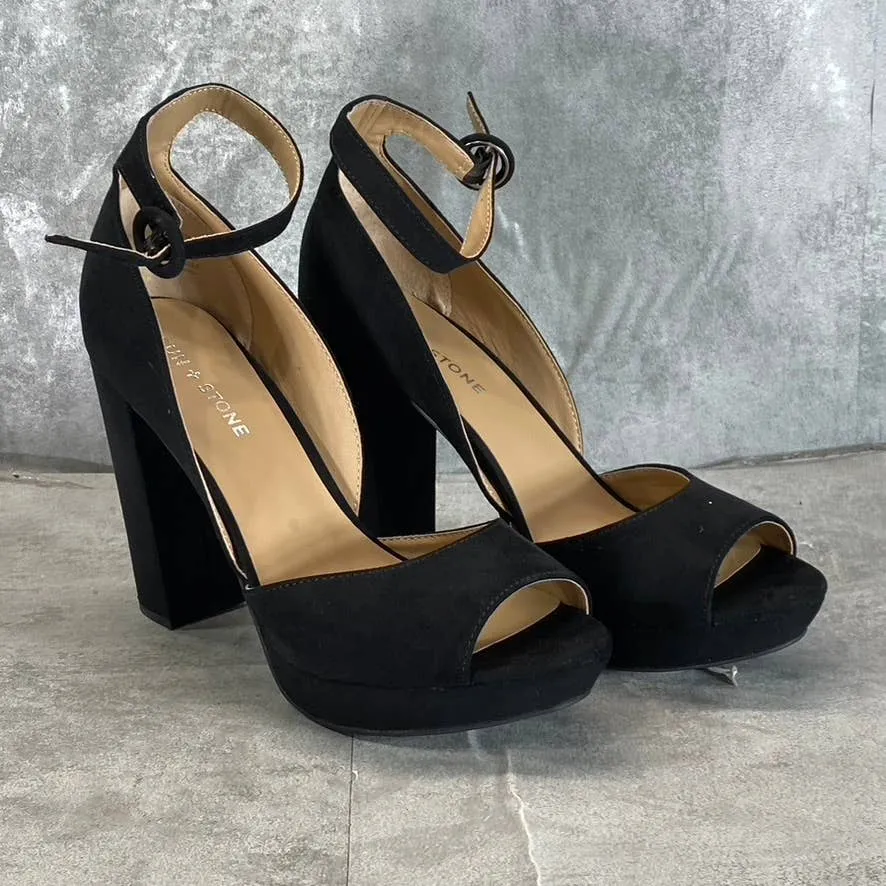 SUN STONE Women's Black Micro Reeta Block-Heel Ankle Strap Platform Heels SZ 9