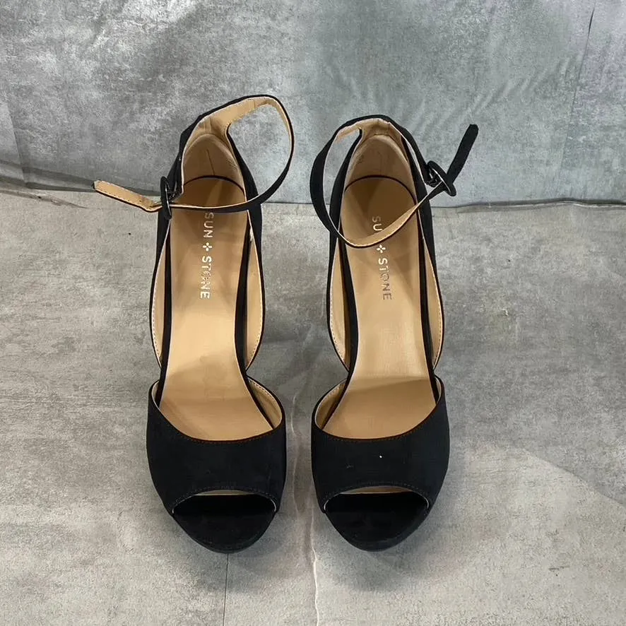 SUN STONE Women's Black Micro Reeta Block-Heel Ankle Strap Platform Heels SZ 9