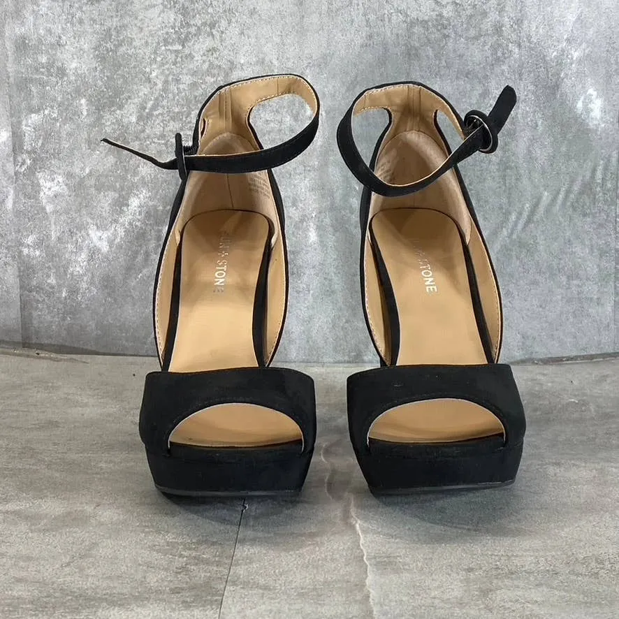 SUN STONE Women's Black Micro Reeta Block-Heel Ankle Strap Platform Heels SZ 9