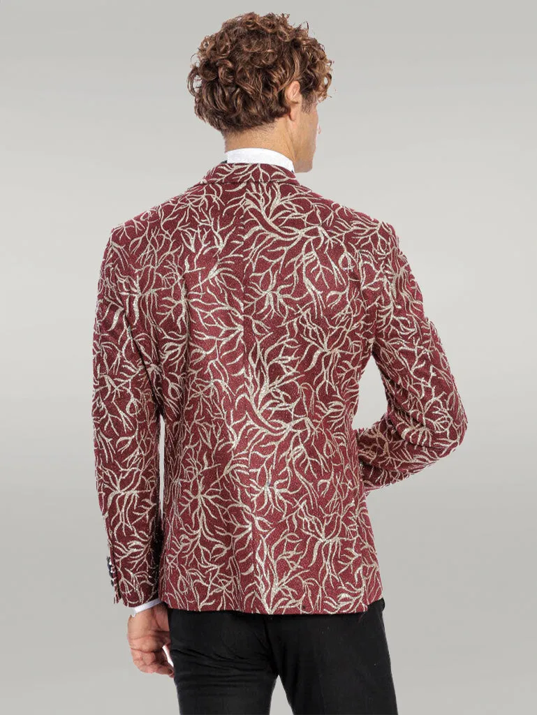 WSS Sparkling Ivy Patterned Slim Fit Burgundy Men Prom Blazer  - Singen